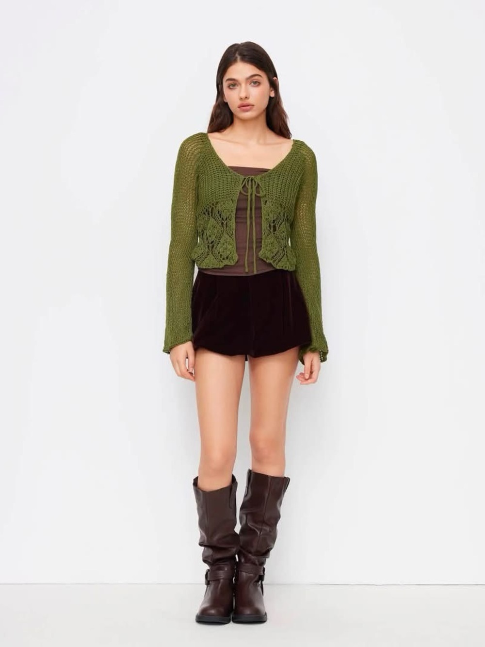 Cider KNIT V-NECK BELL SLEEVE HOLLOW OUT KNOTTED SEE-THROUGH CARDIGAN large nwt